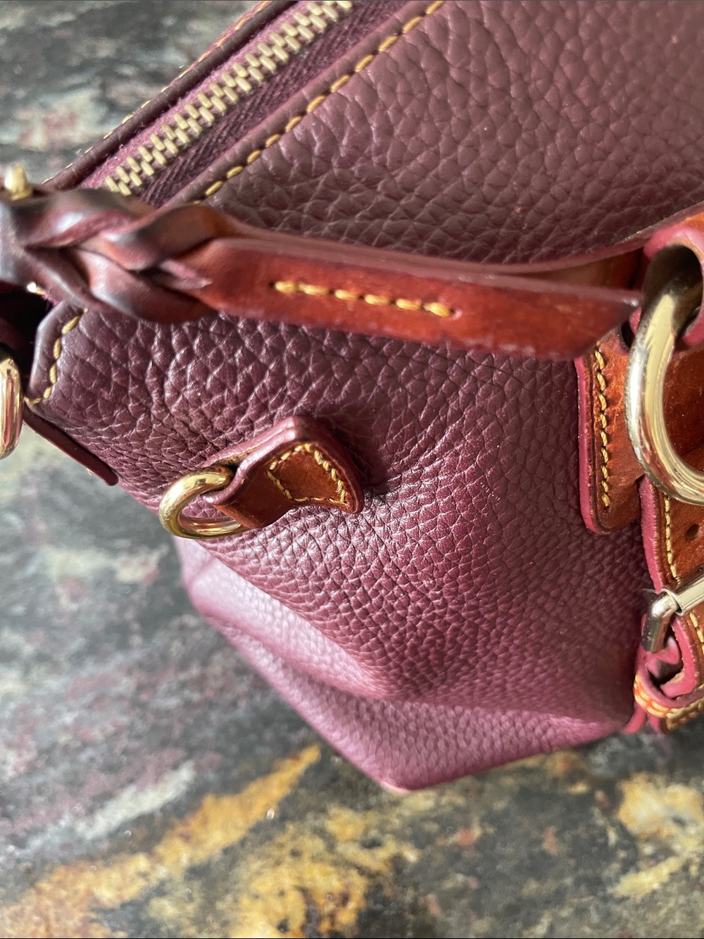Dooney & Bourke Wine Pebbled Leather Satchel with Brown Trim - Picture 10 of 16